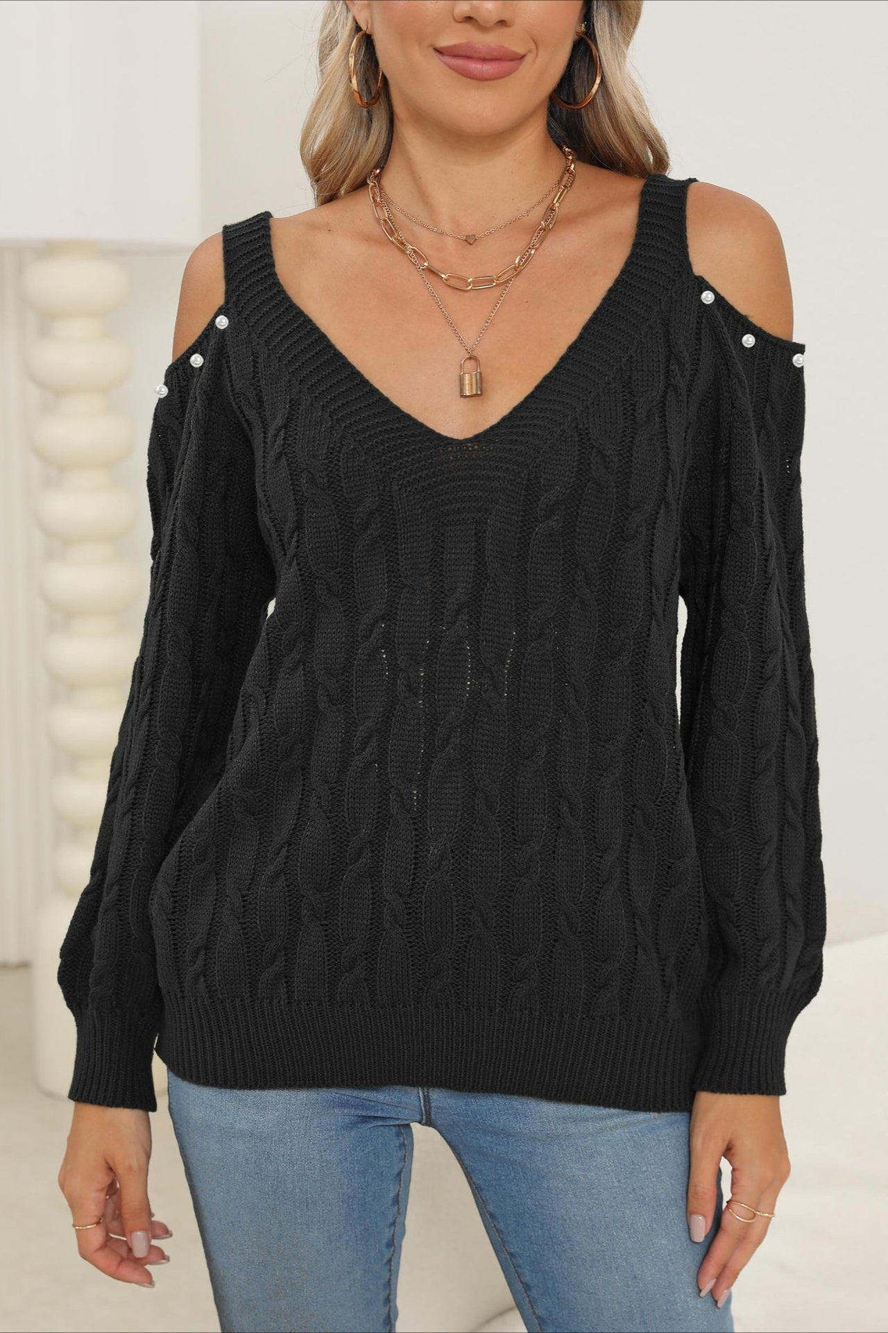 Deep V Sexy Off-Shoulder Loose Pullover Sweater image 10