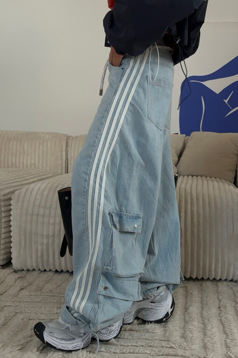 Striped Wide Leg Denim Trousers Pants image 3