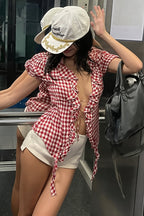 Plaid Ruffle Waist Puff Sleeve Blouse image 4