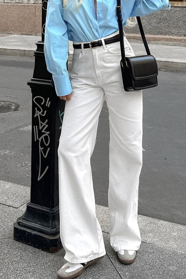 White Cotton Twill High Waisted Straight Leg Jeans image 4