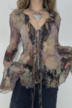 Tie Dye Mesh Ruffle Flare Sleeve Blouse image 2