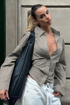 Waist Tie Plaid Long Sleeve Shirt Blouse image 2