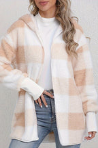 Plaid Fuzzy Hooded Mid-Length Coat image 1