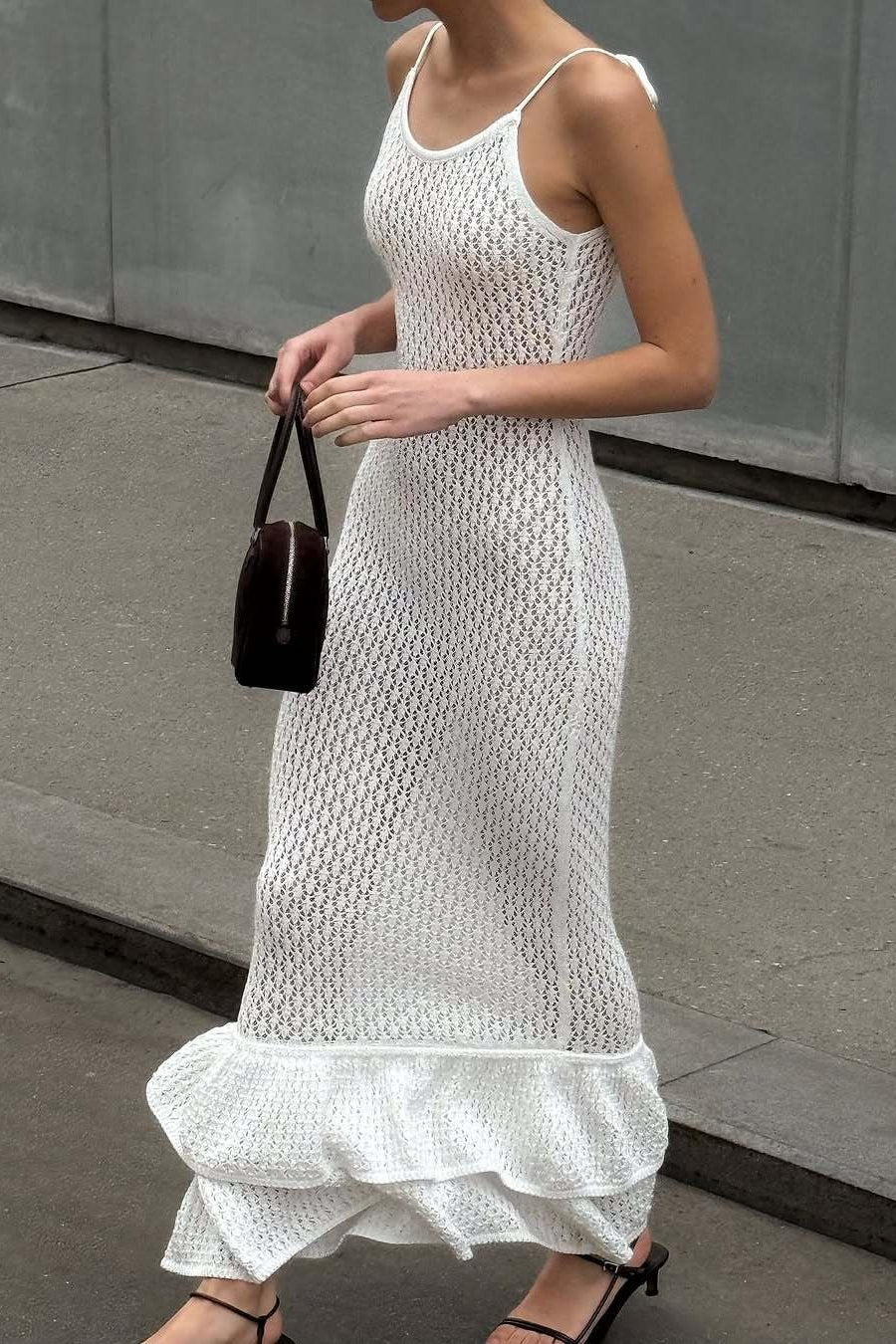Boho Ruffle Knit Sexy Cutout Sheer Cami Maxi Dress image 7