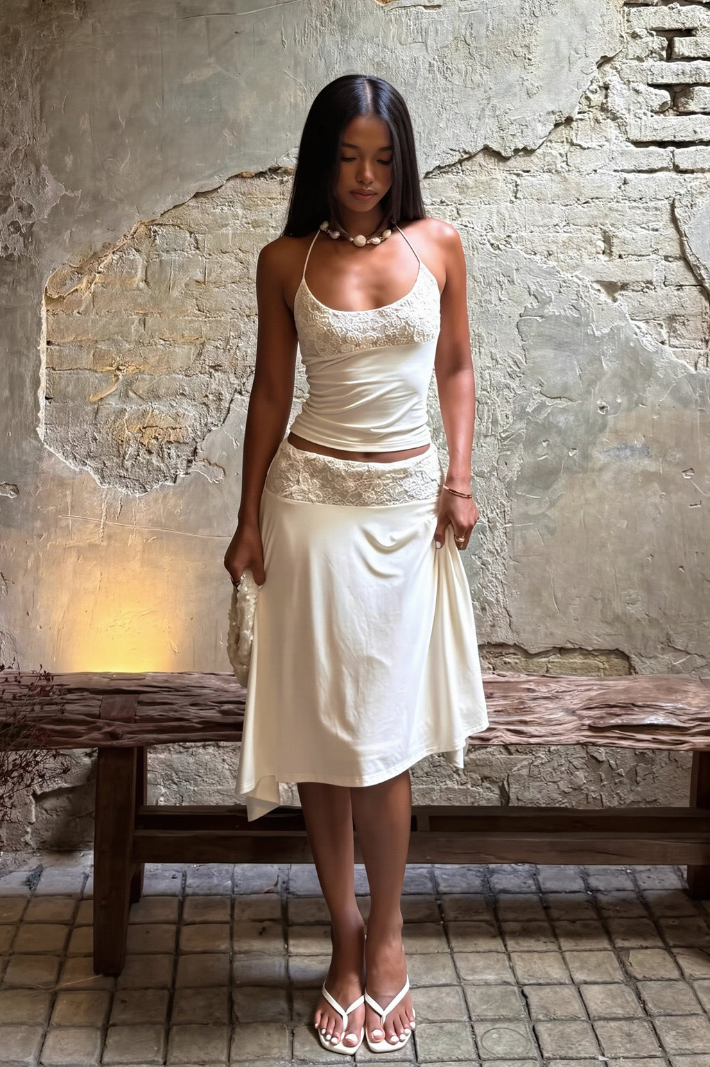 Elegant Lace Trim Cami Top High Rise Asymmetric Skirt Sets image 2