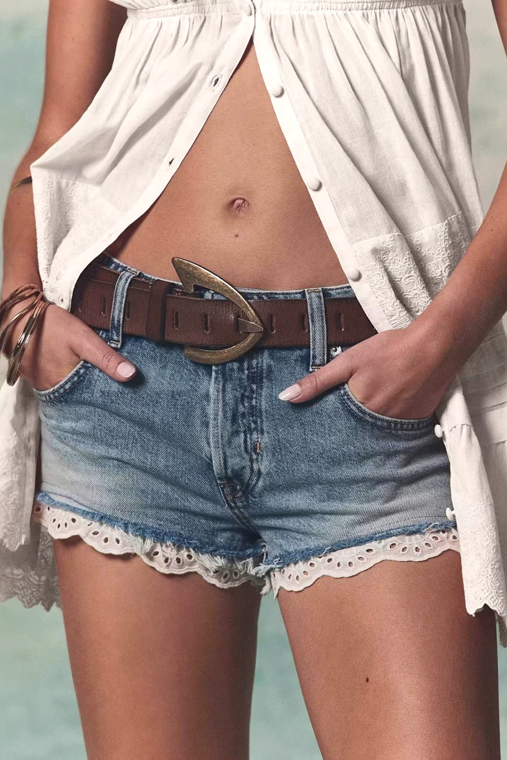 Lace Splice Straight Leg Denim Shorts image 1