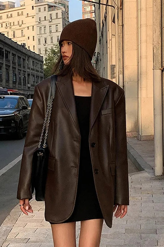 Black PU Leather Blazer Jacket image 4