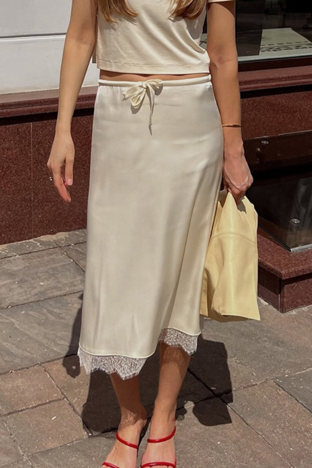 Elegant Lace Trim Tie Waist Midi Skirt image 1