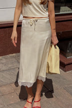 Elegant Lace Trim Tie Waist Midi Skirt image 1