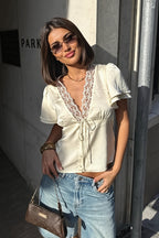 Casual Lace Satin Splice Tie Blouse image 1