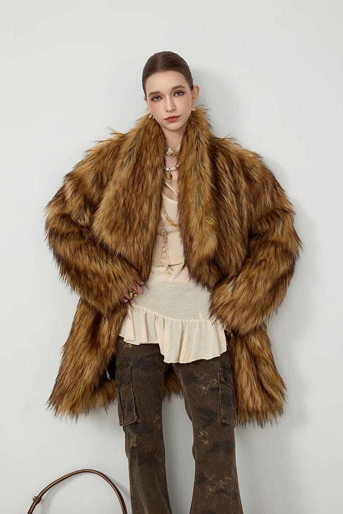 Plush Faux Animal Fur Loose Warm Mid-Length Notch Collar Coat image 3