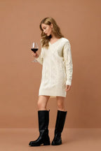 V-Neck Solid Cable-Knit Sweater Mini Dress image 8
