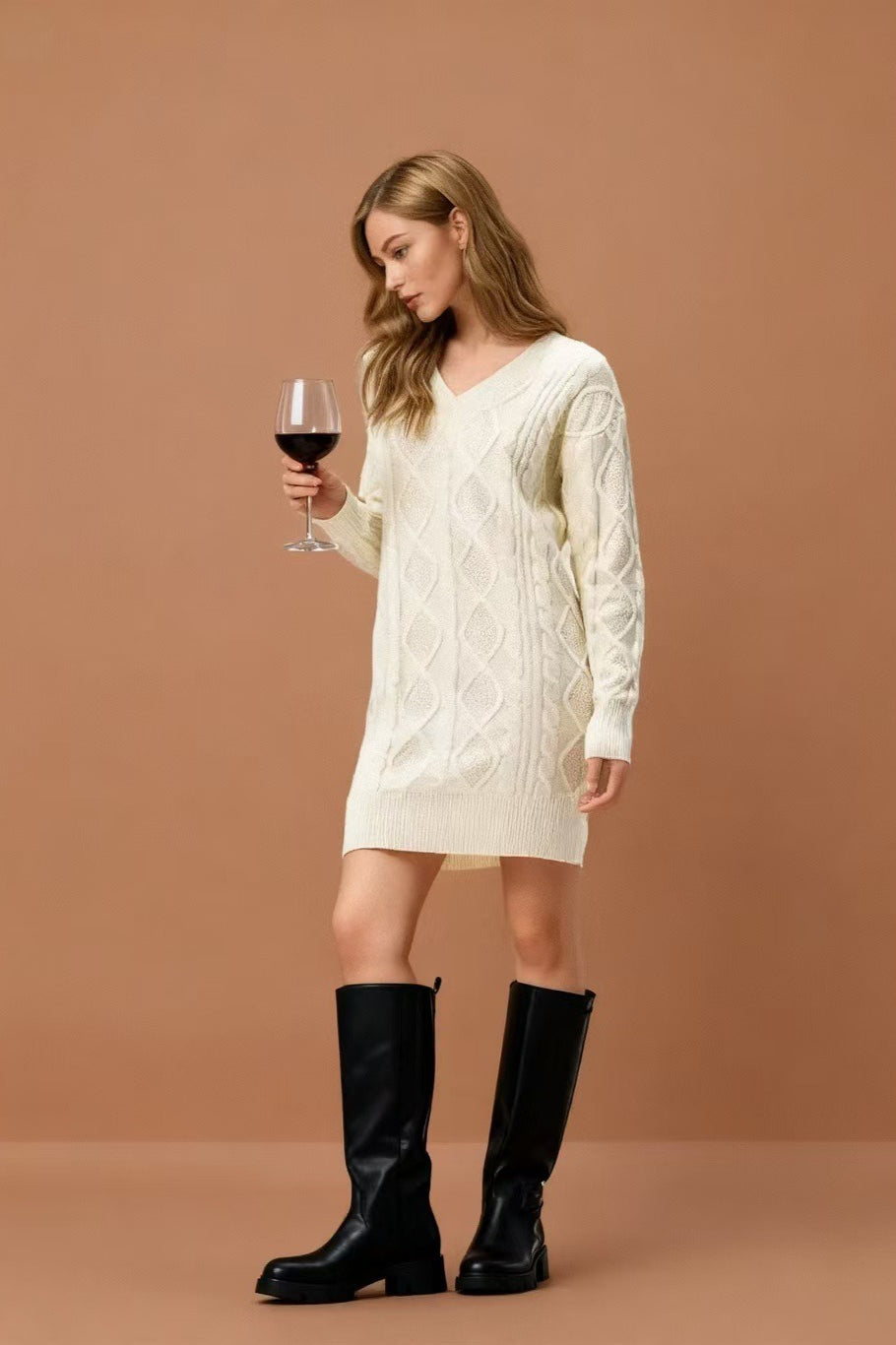 V-Neck Solid Cable-Knit Sweater Mini Dress image 8