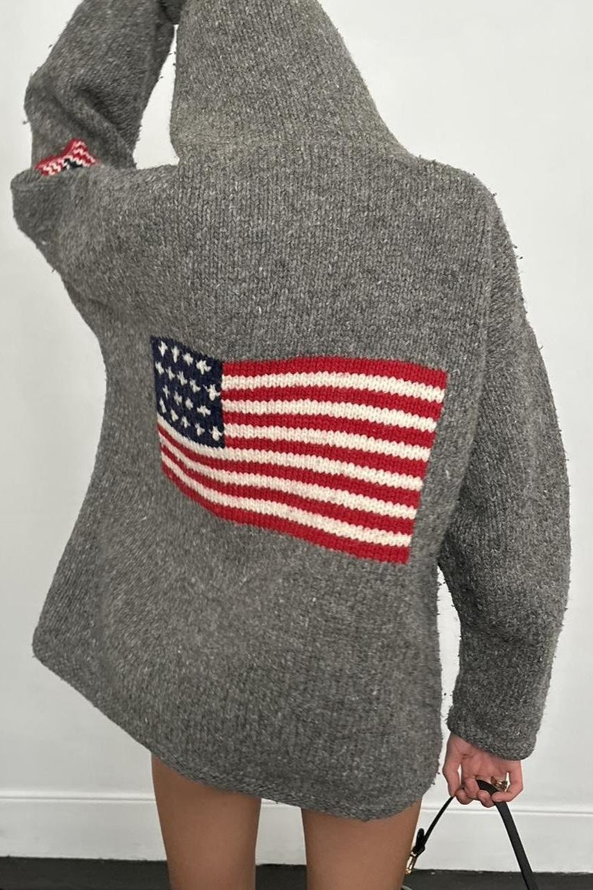 Chic Flag Graphic Knit Zippered Hoodie image 6