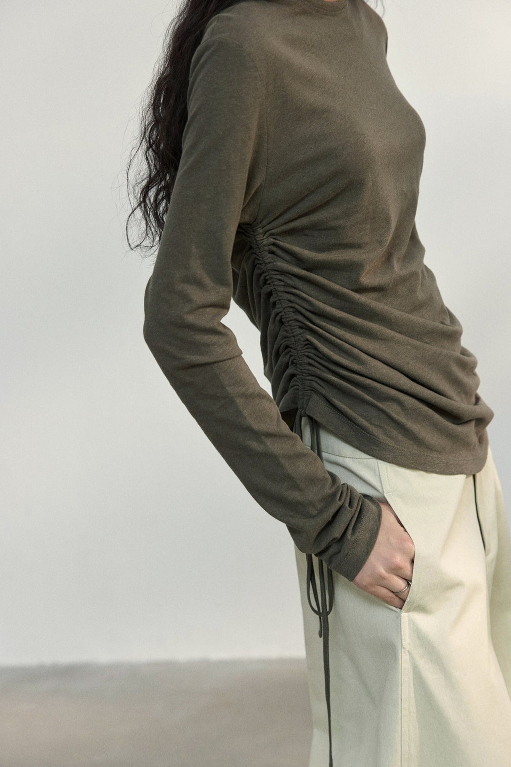 Fitted Textured Pleated Cotton Linen Knit Sweater image 2