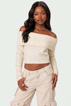 Solid Color Off-Shoulder Boat Neck Long-Sleeve Knit Top image 7