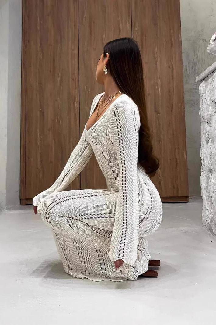 V-Neck Knitted Dress With Flared Sleeves & Hollow Hip-Wrap Maxi Dress image 4