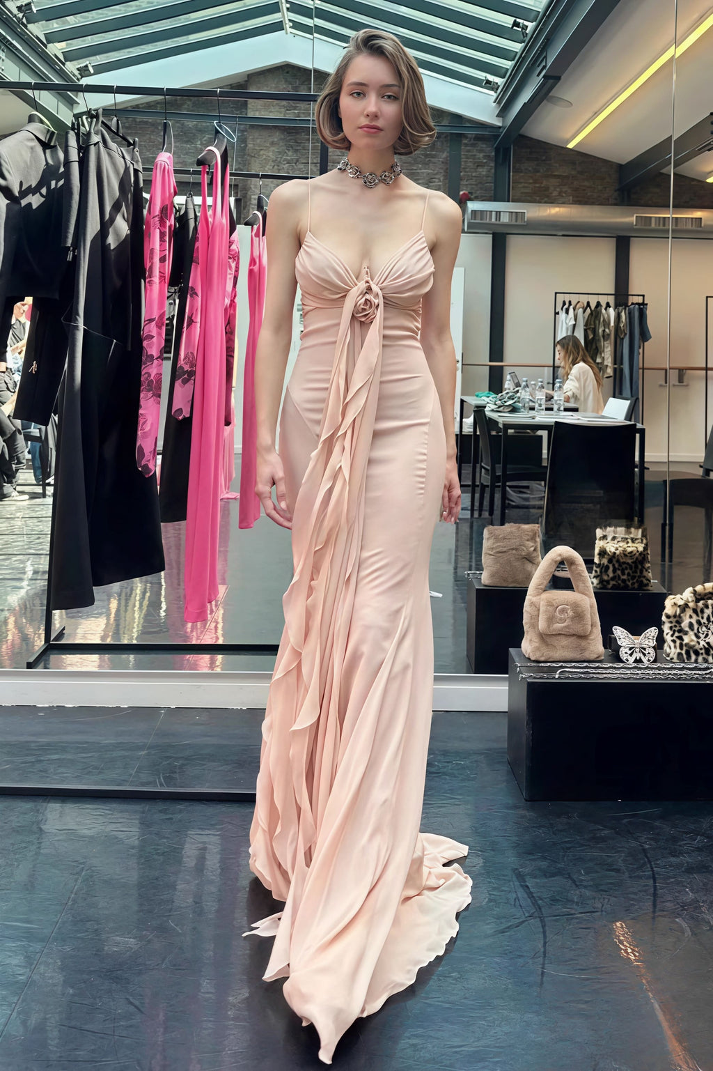 3D Rose Flowy Spaghetti Strap Backless Maxi Dress image 8