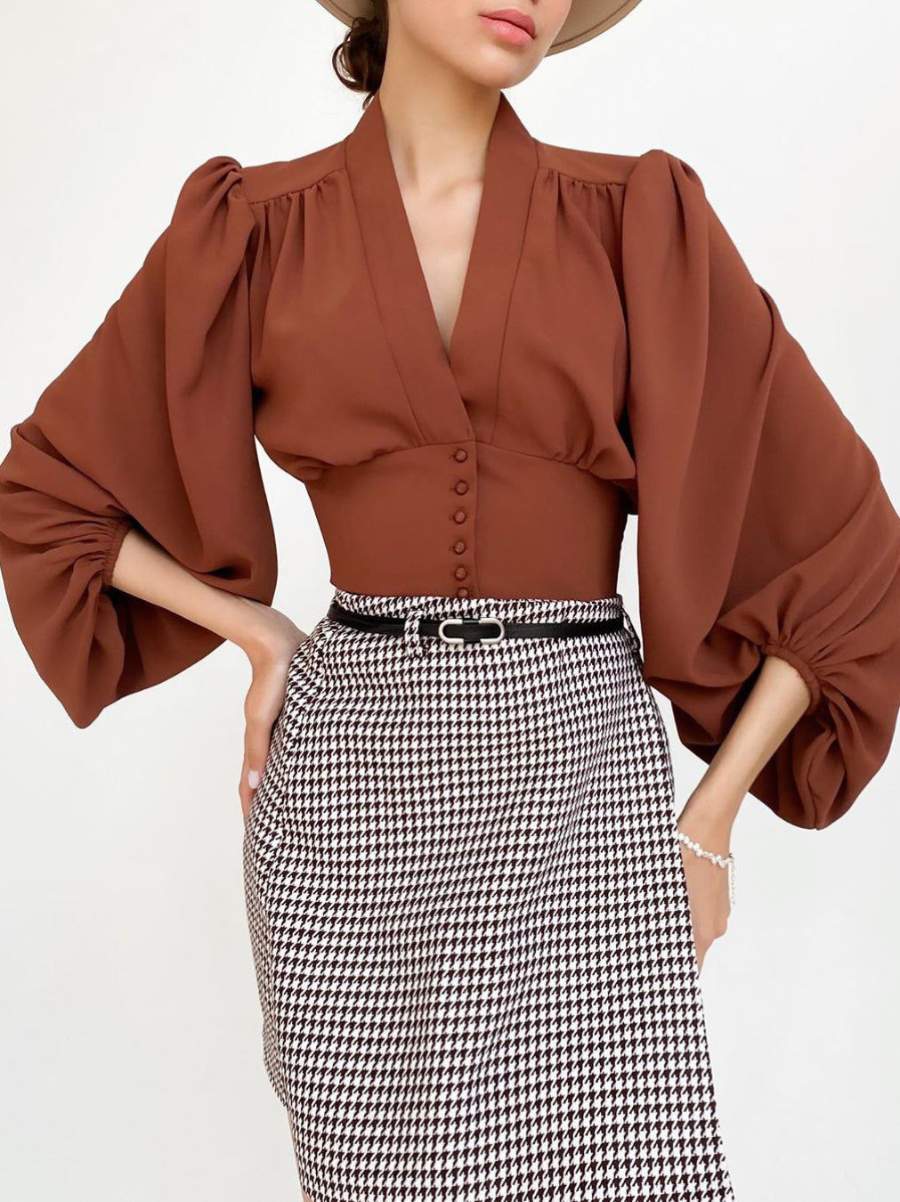 Vintage Lantern Sleeve V-Neck Slim Fit Blouse image 1