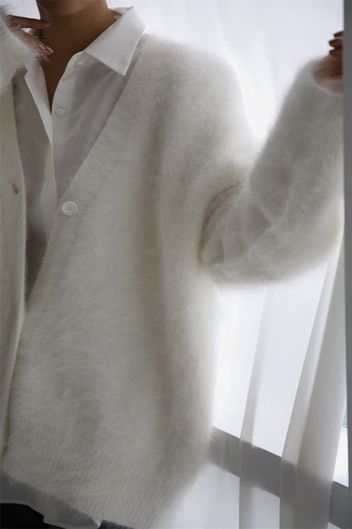 V-Neck Fluffy Knit Cardigan Sweater image 10