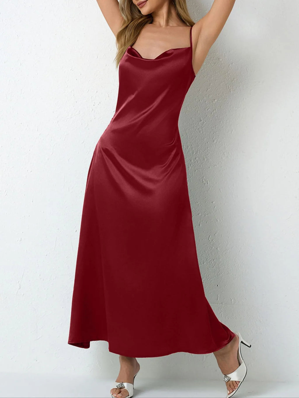 Paloma Satin Dress detail view styled for Avrienne