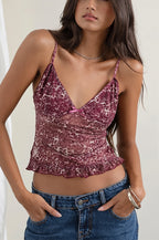 Sheer Print Ruffle V Neck Cami Top image 4
