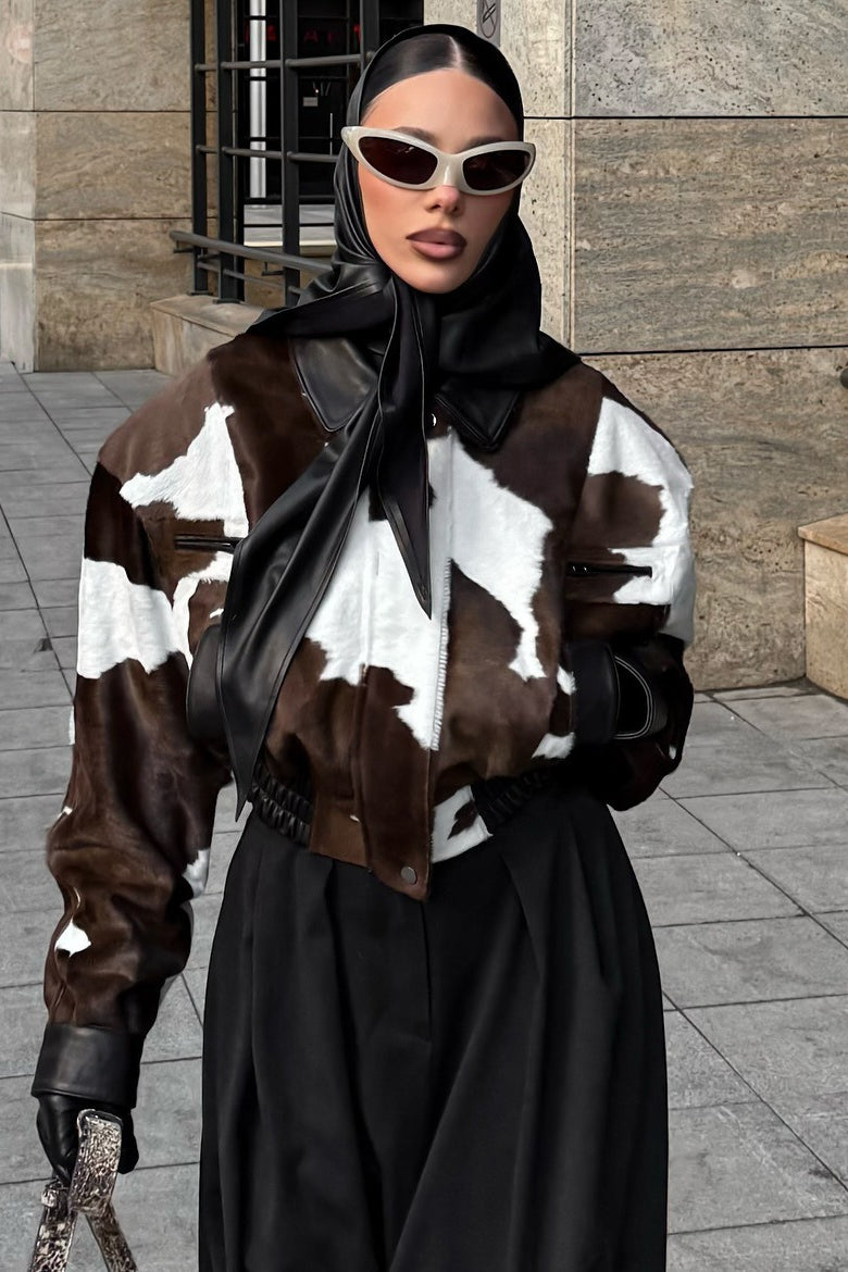 Cow Print Faux Leather Notch Collar Coat image 2