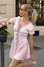 Pink Satin Lace Puff Sleeve Mini Dress image 2