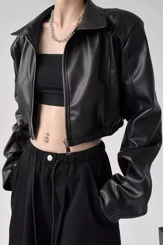 Turn Down Collar Biker Short Jacket image 1