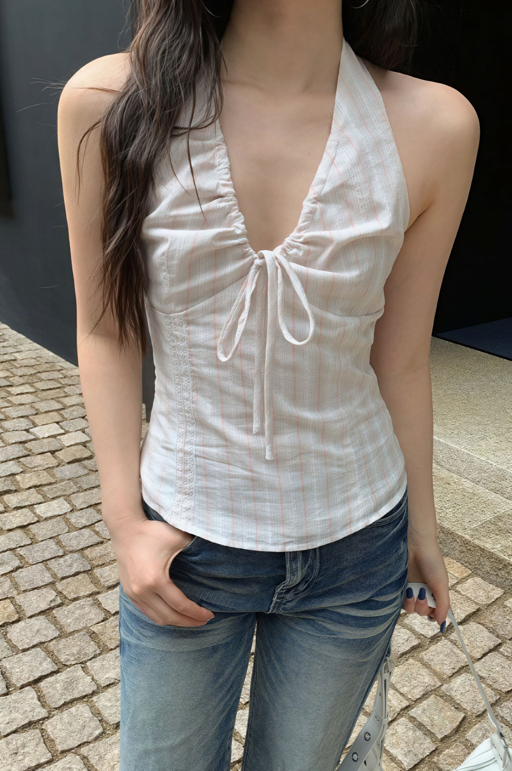 Vintage Striped Backless Tie Halter Top image 1