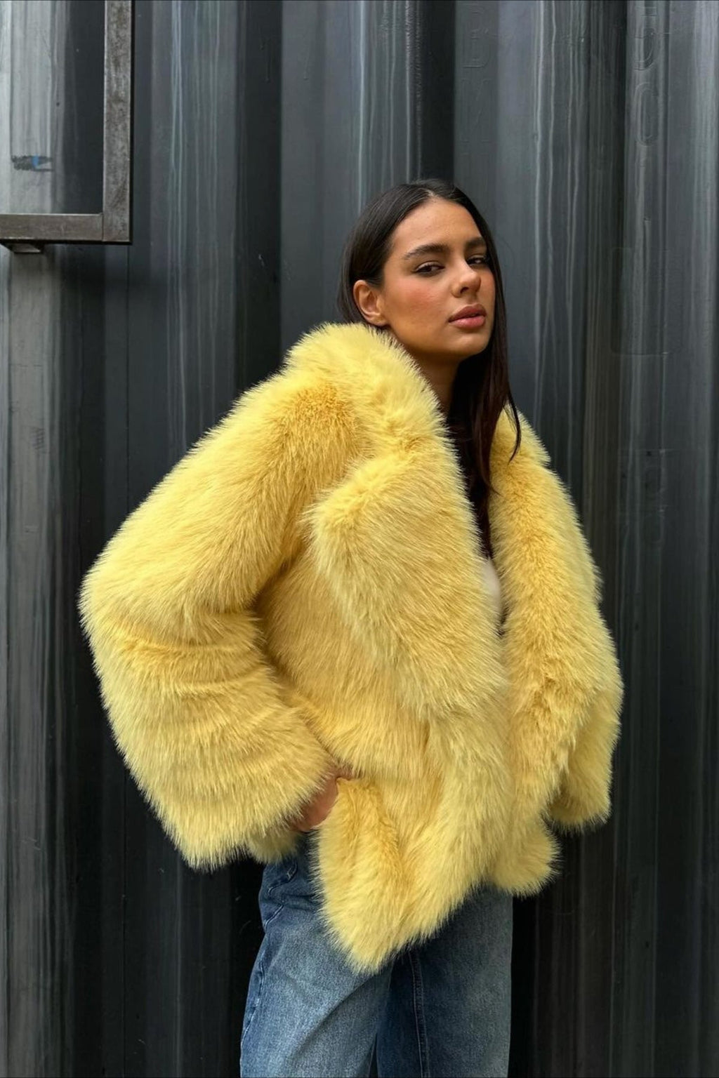 Yellow Faux Fur Open Front Coat image 1