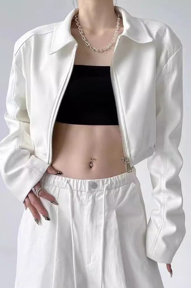 Turn Down Collar Biker Short Jacket image 3