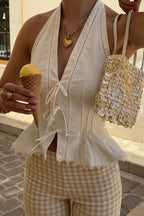 Lace Splice Bow Decor Halter Top image 2