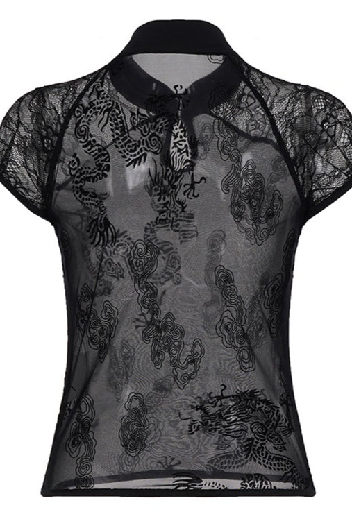 Hollow Out Stand Collar Sheer Lace Blouse image 6