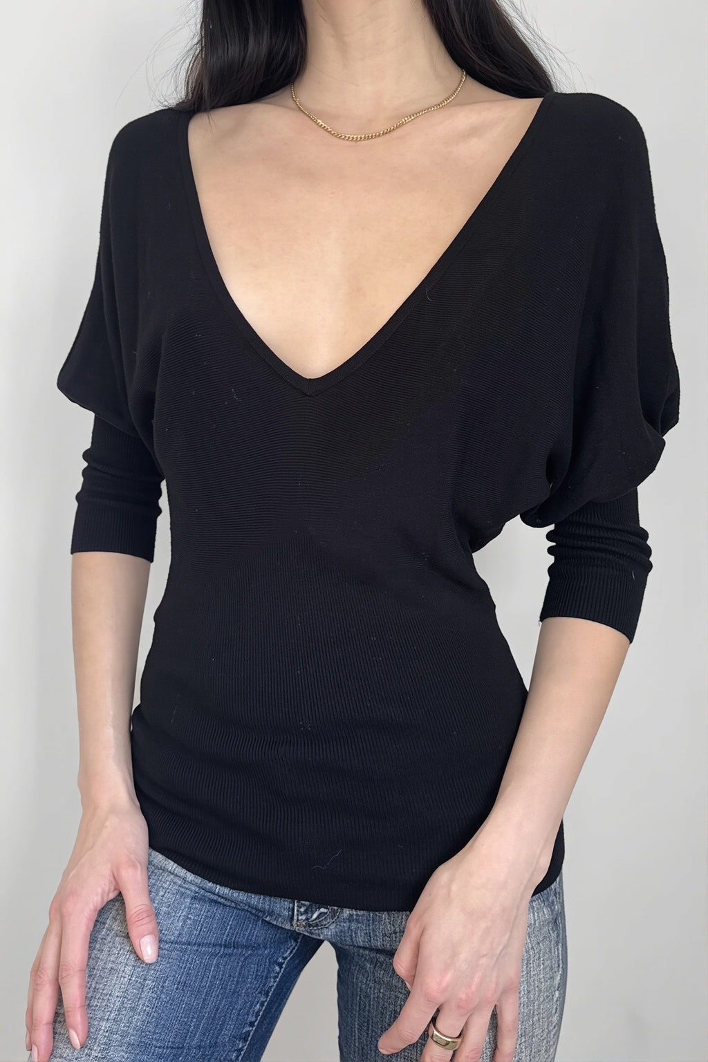Black V Neck Slim Basic Blouse image 1