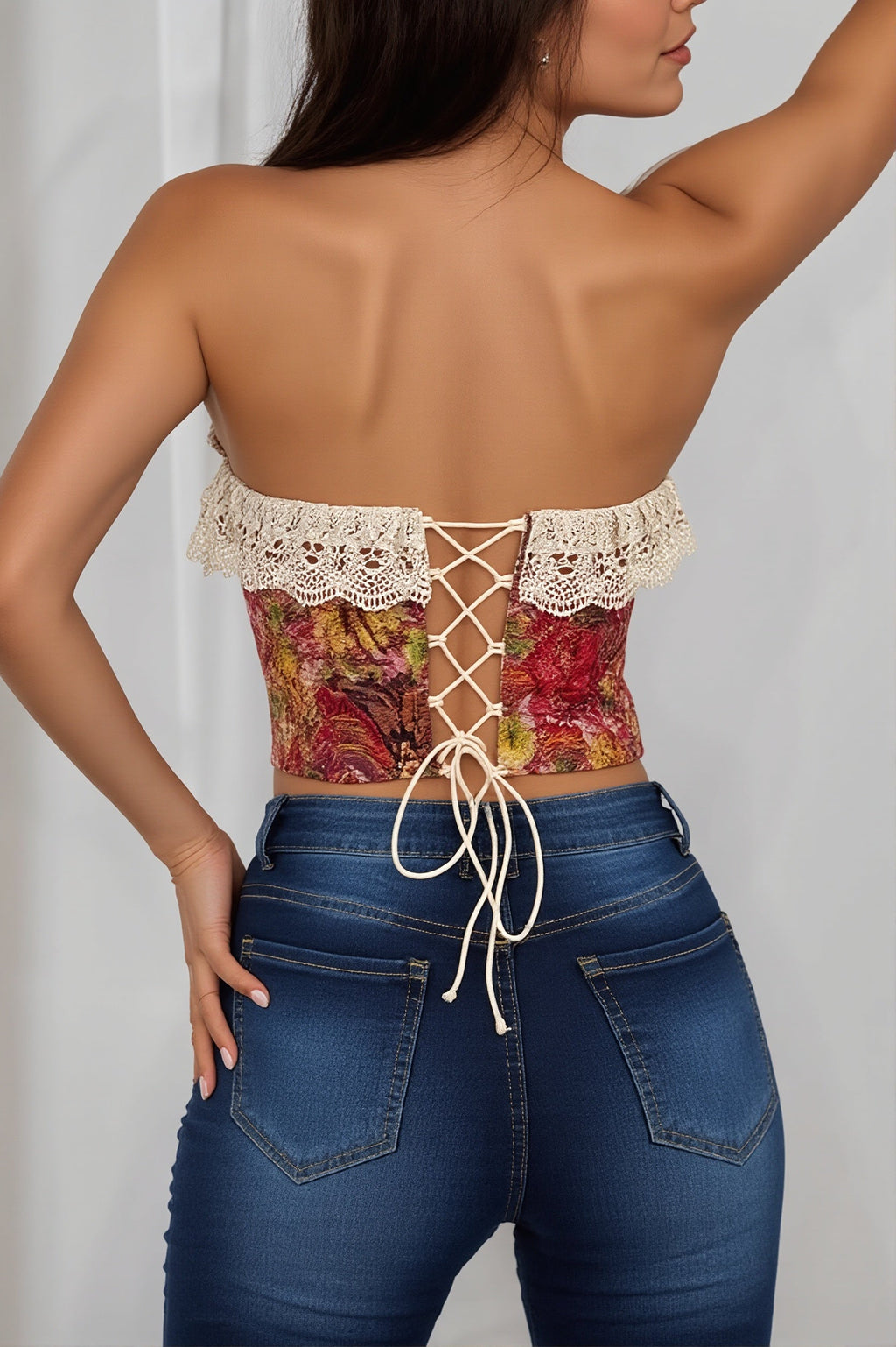 Art Print Lace Panel Boned Vintage Jacquard Cami Blouse image 4