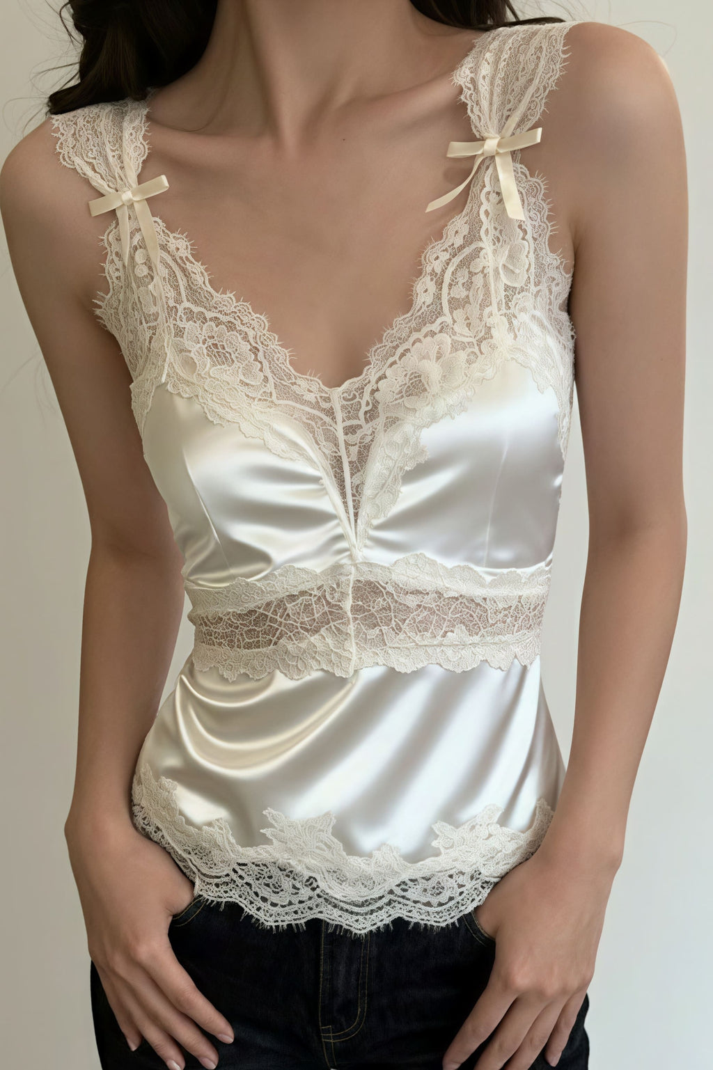 Bow Lace Patch V Neck Solid Tank Top image 4