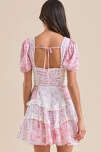 Floral Lace Patchwork V Neck Puff Short Sleeve Mini Dress image 10