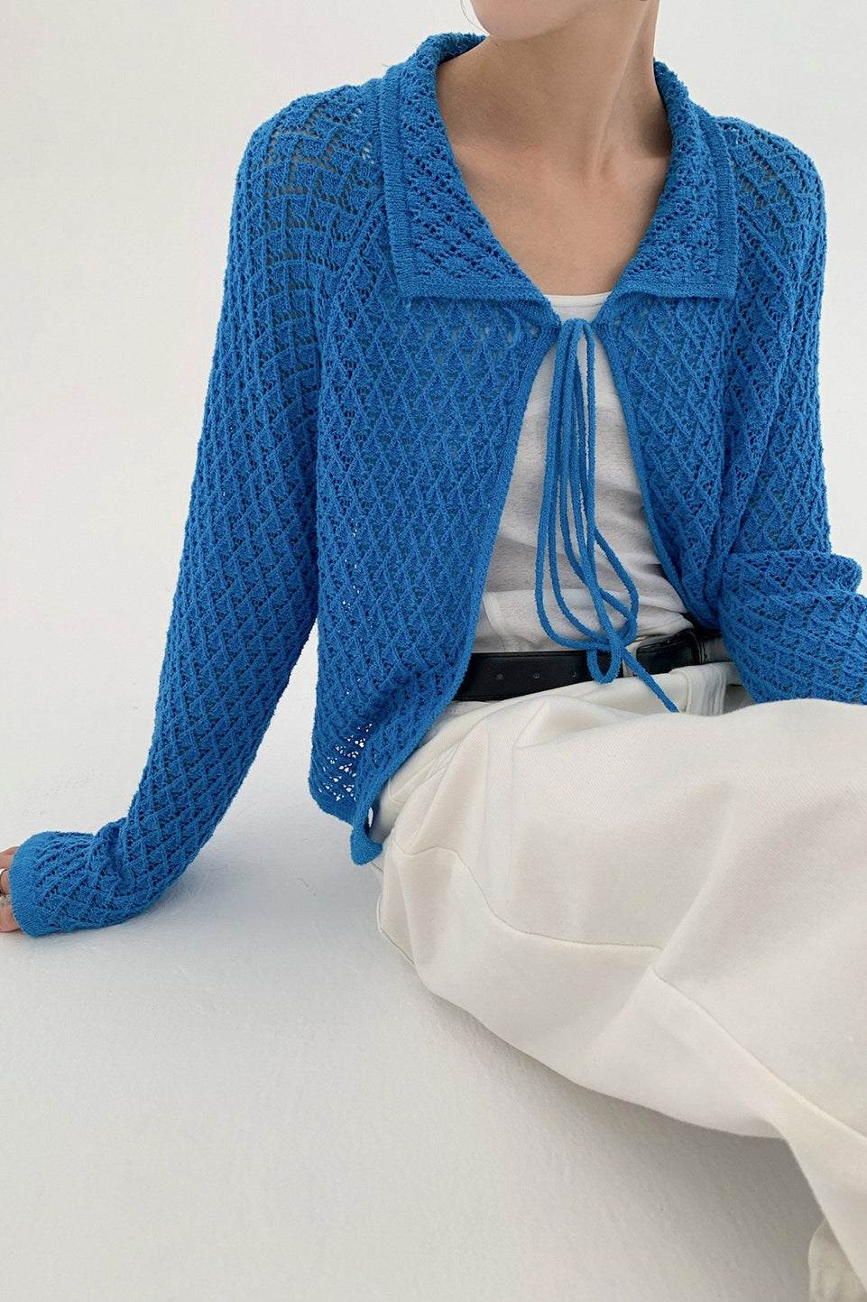Hollow-Out Collared Tie-Waist Long-Sleeve Short Knit Cardigan image 10