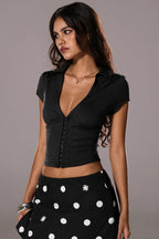 V Neck Button Elastic Slim Crop Blouse image 1