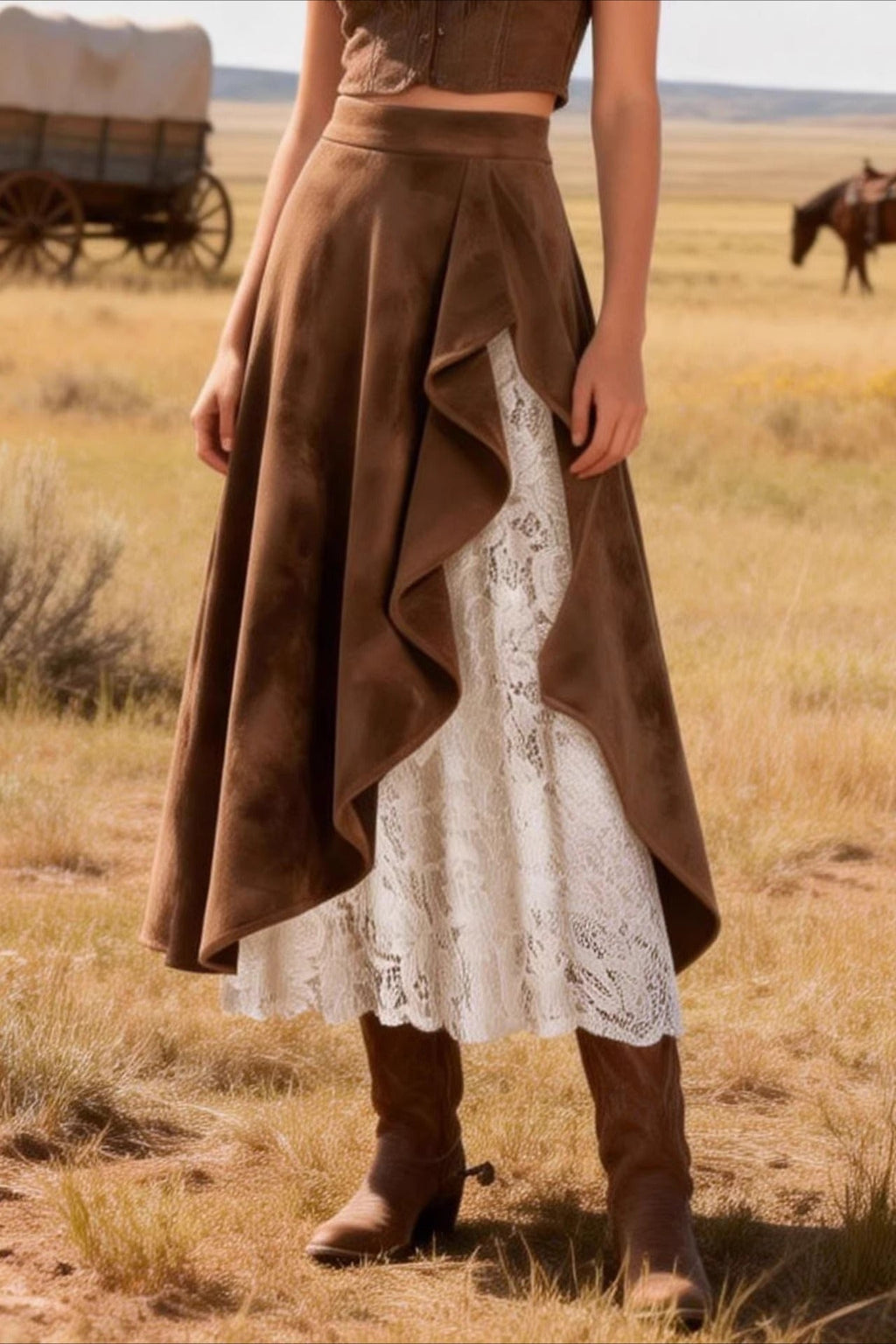 Vintage Suede Lace Panel Midi Skirt image 1