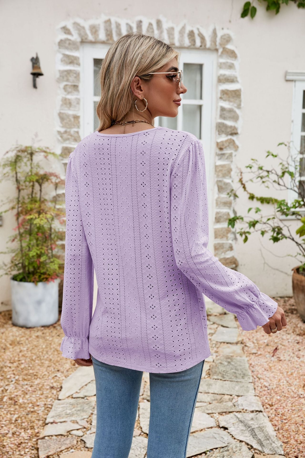 Lisette Eyelet Blouse detail view styled for Avrienne