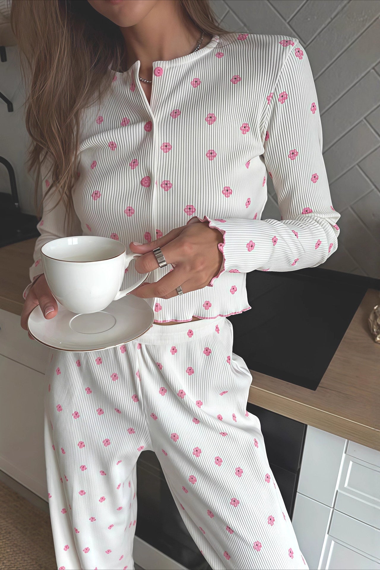 Ruffled Floral Long Sleeve Pants Loungewear Two Piece Set image 1