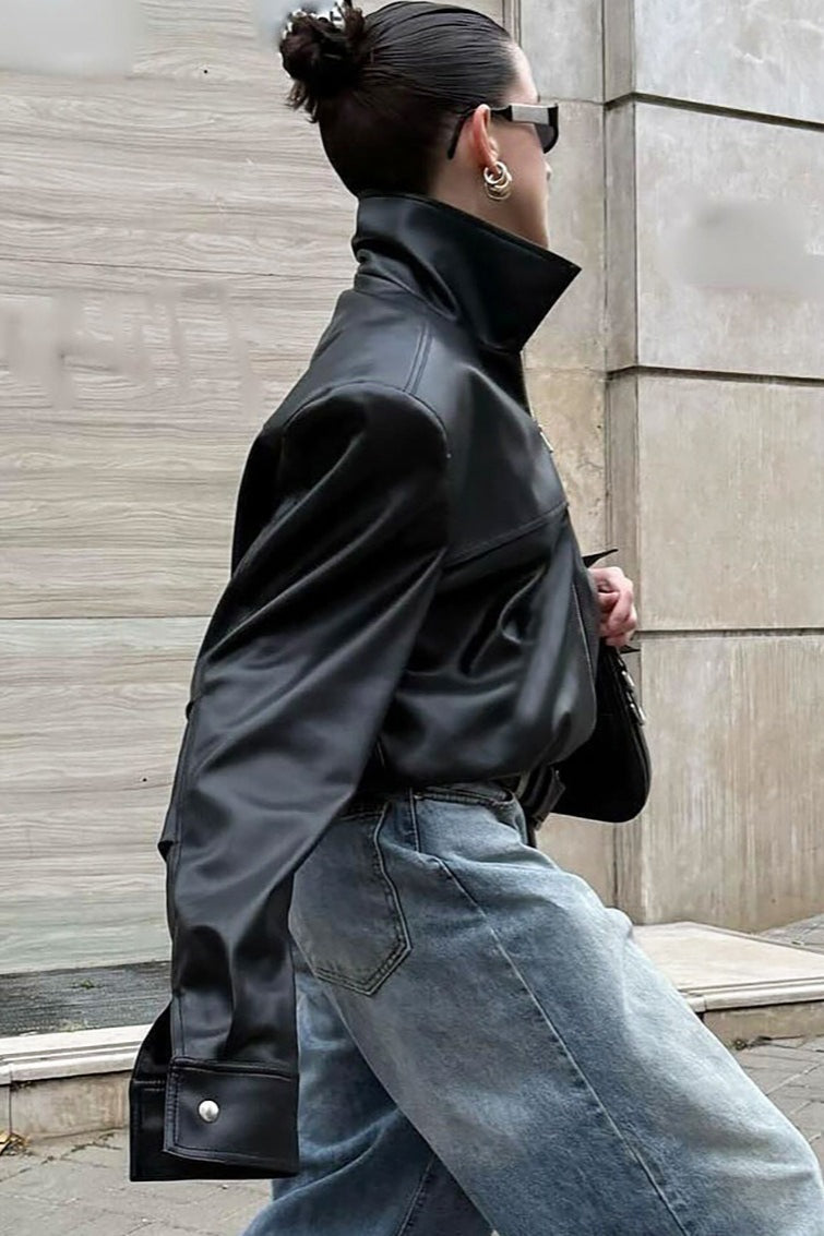 High Neck Leather Moto Jacket image 3