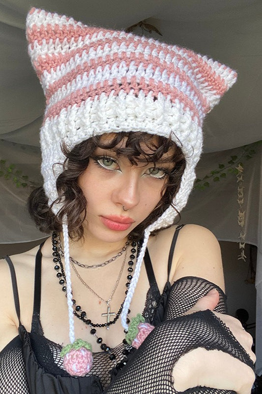 Fox Ears Color Block Striped Pom Pom Knitted Hat image 3