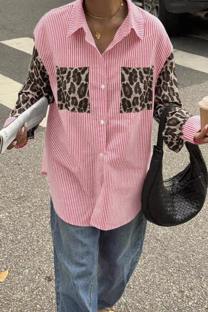Stripe Leopard Patchwork Long Sleeve Casual Blouse image 1
