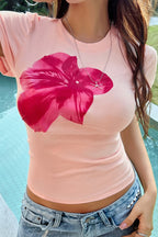 Romantic Floral Print Crew Neck Slim Crop T-shirt image 7