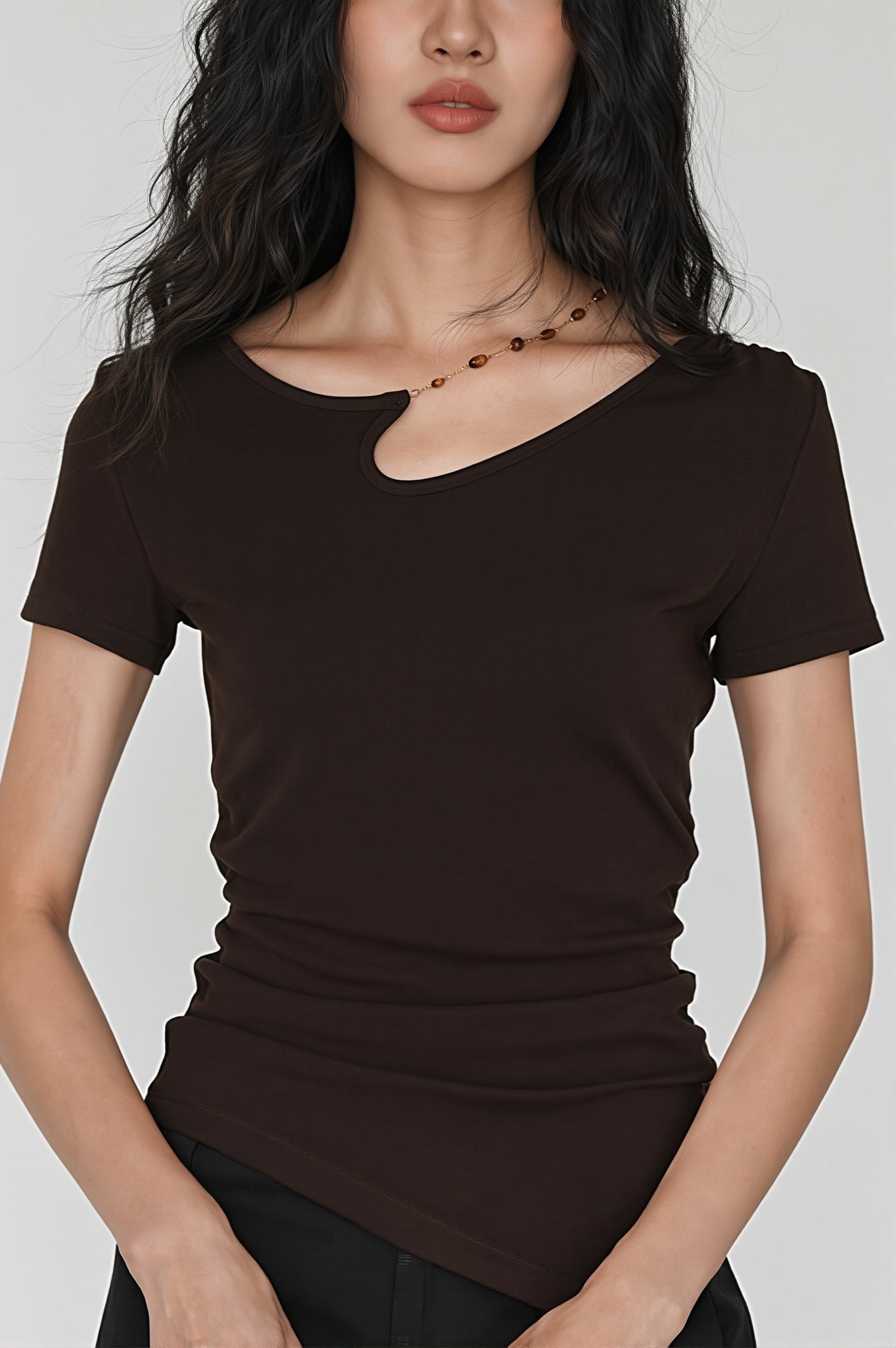 Solid Simple Beaded Hollow Neck T-Shirt image 5