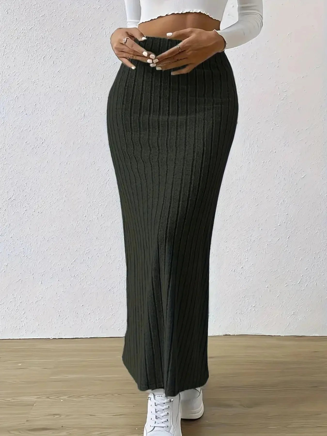 Noemi Ribbed Knit Skirt detail view styled for Avrienne