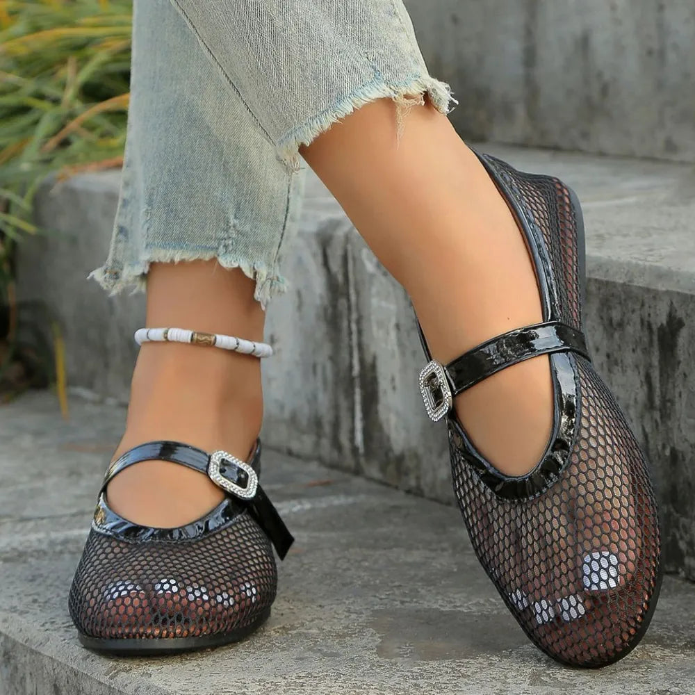Camille Flat Sandals detail view styled for Avrienne